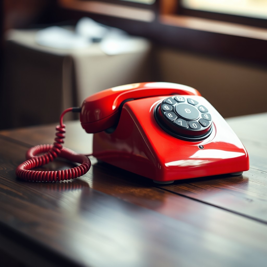A vintage red landline telephone on a dark wooden table, with its cord elegantly draped, softly ringing