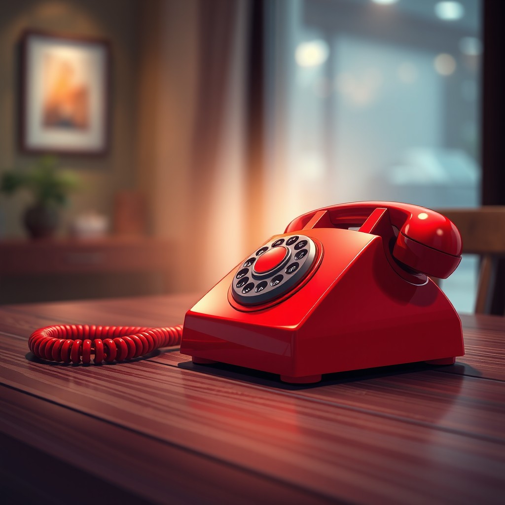 A vibrant red landline phone ringing on a dark wooden table, depicted in anime style