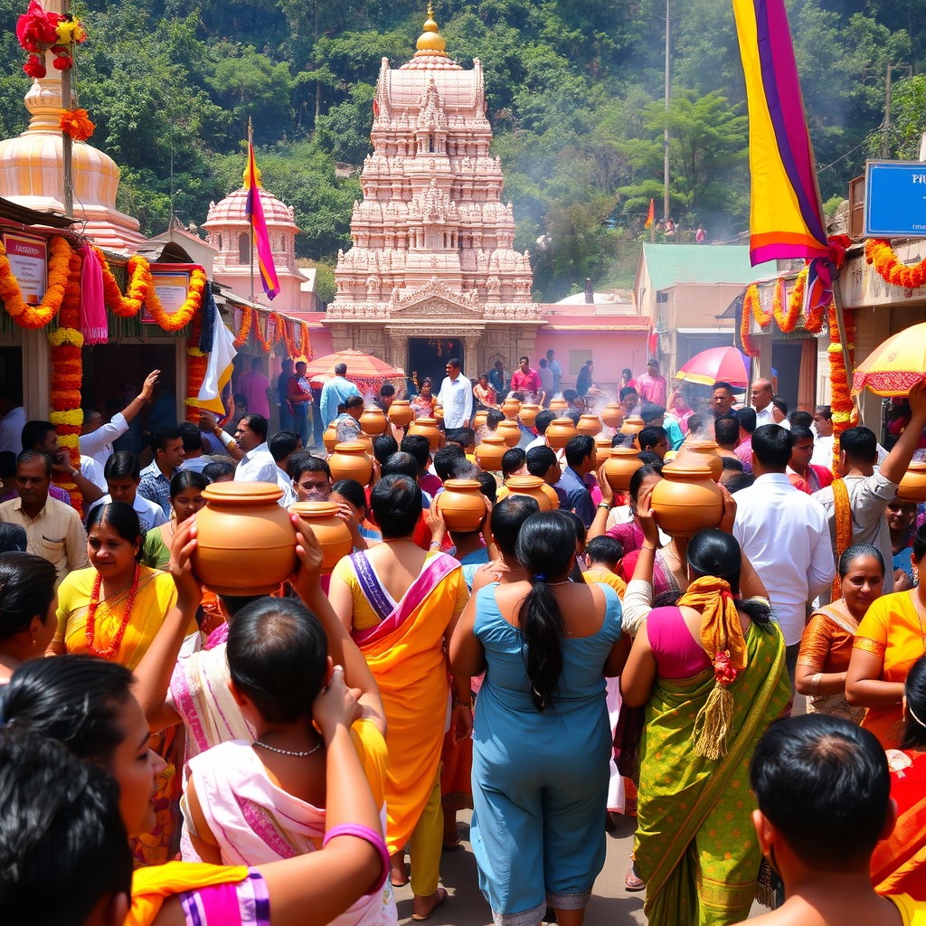 A vibrant festival scene at a Hindu temple during the 'Bolbom' pilgrimage, featuring colorful decorations and traditional elements