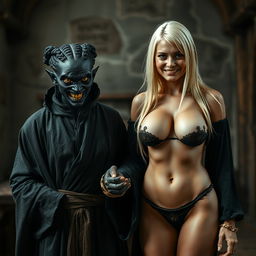 In a medieval room, featuring an evil, malnourished woman with very dark skin, around 30 years old, with completely black skin and a short stature