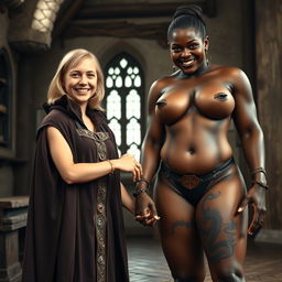 In a medieval room, a very happy, skinny 19-year-old blonde girl with medium-length hair, wearing a thick gold bracelet, has bright blue eyes and is dressed in a noble mantle with a high collar that closes at the neck