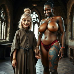 In a medieval room, a very happy, skinny 19-year-old blonde girl with medium-length hair, wearing a thick gold bracelet, has bright blue eyes and is dressed in a noble mantle with a high collar that closes at the neck