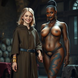 In a medieval room, a very happy, skinny 19-year-old blonde girl with medium-length hair is dressed in a noble mantle with a high collar that closes at the neck, adorned with a thick gold bracelet