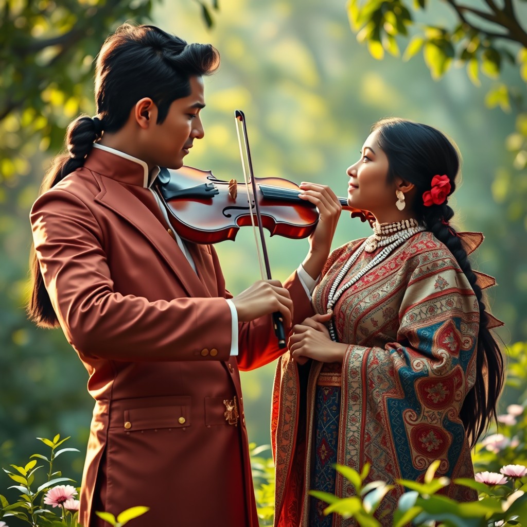 A romantic scene depicting a passionate love story between a skilled violinist and a young Indigenous woman