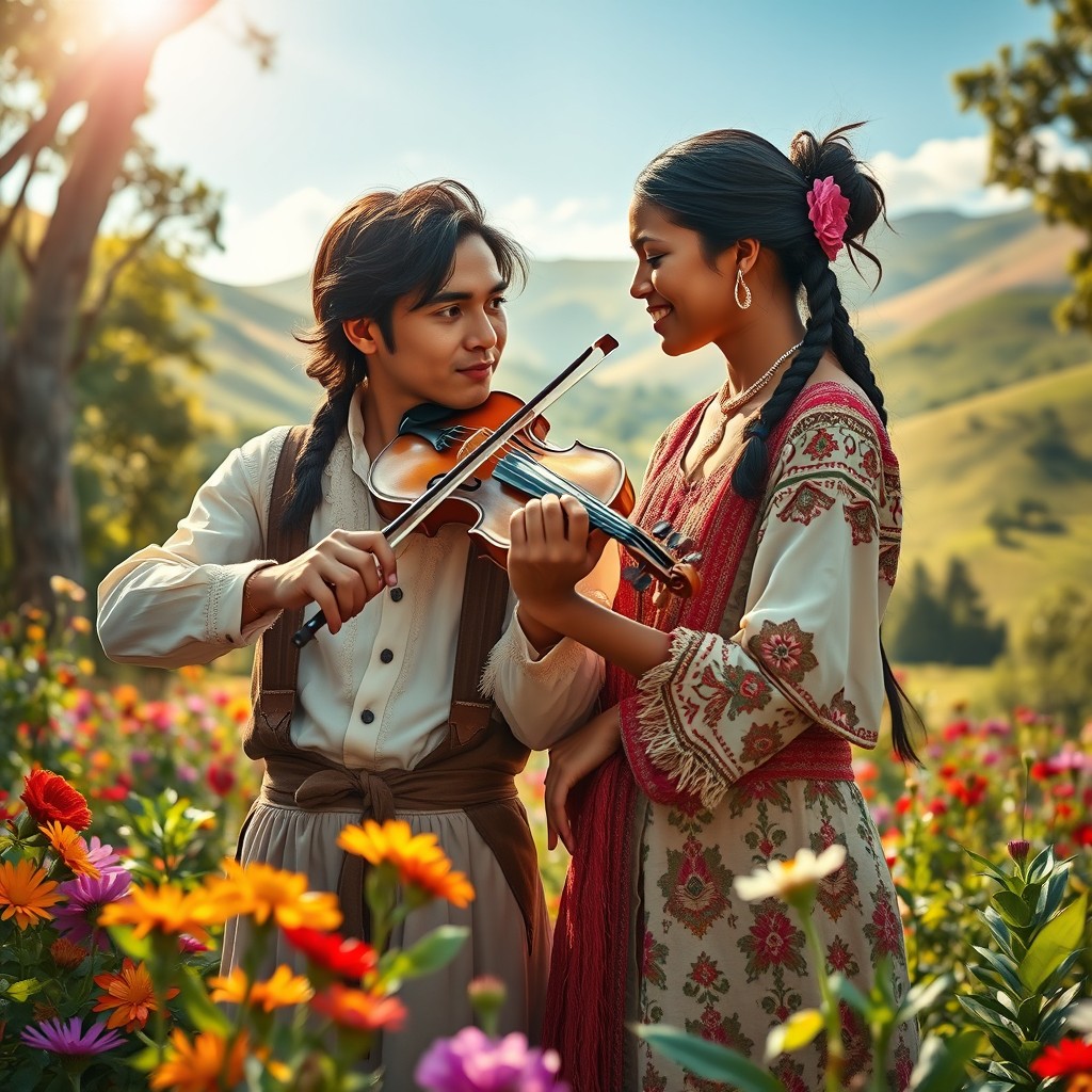 A romantic scene depicting the love story between a passionate violinist and a young indigenous woman
