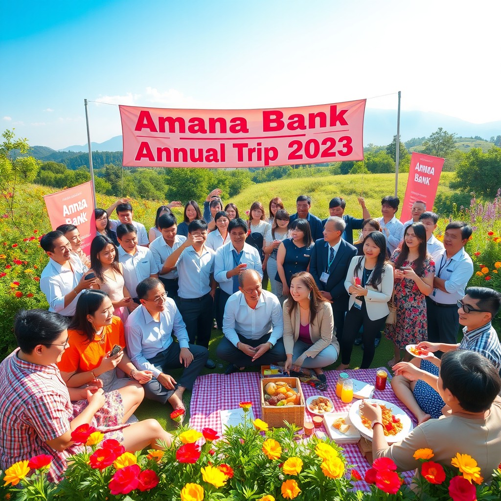A vibrant and joyful scene capturing the spirit of a corporate annual trip