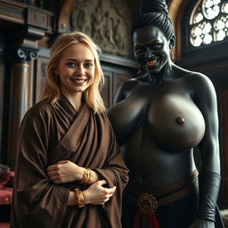 Inside a medieval room, a very happy 19-year-old malnourished blonde woman with medium-length hair, wearing a thick golden bracelet and a long, fully closed noble Buddhist cloak