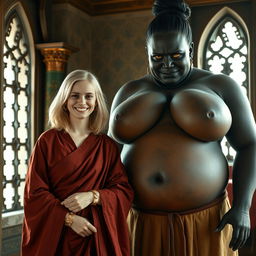 Inside a medieval room, a very happy 19-year-old malnourished blonde woman with medium-length hair, wearing a thick golden bracelet and a long, fully closed noble Buddhist cloak