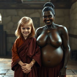 In a medieval room, a very happy 19-year-old malnourished blonde girl with medium-length hair, wearing a long closed noble Buddhist robe and a thick gold bracelet