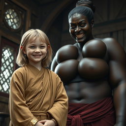 In a medieval room, a very happy 19-year-old malnourished blonde girl with medium-length hair, wearing a long closed noble Buddhist robe and a thick gold bracelet