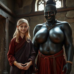 In a medieval room, a very happy 19-year-old malnourished blonde girl with medium-length hair, wearing a long closed noble Buddhist robe and a thick gold bracelet