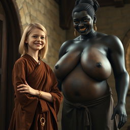 In a medieval room, a very happy 19-year-old malnourished blonde girl with medium-length hair, wearing a long closed noble Buddhist robe and a thick gold bracelet