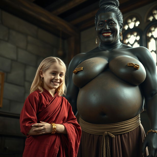 In a medieval room, a very happy 19-year-old malnourished blonde girl with medium-length hair, wearing a long closed noble Buddhist robe and a thick gold bracelet