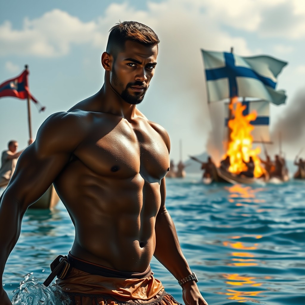 A striking scene showcasing a handsome man in his 30s, with a mix of Finnish and African heritage, resembling an action hero, confidently walking out of the clear blue lake water