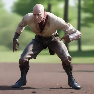 The character's legs started to wobble as he reluctantly stood up from the ground.