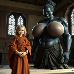 In a medieval room, a very happy 19-year-old malnourished blonde girl with medium-length hair, wearing a long closed noble Buddhist robe and a thick gold bracelet