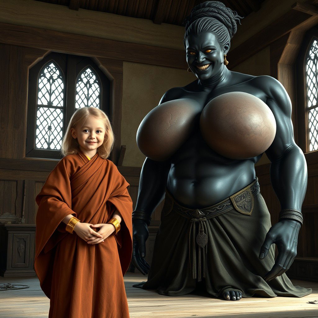 In a medieval room, a very happy 19-year-old malnourished blonde girl with medium-length hair, wearing a long closed noble Buddhist robe and a thick gold bracelet