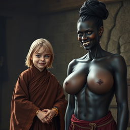 In a medieval room, a very happy 19-year-old malnourished blonde girl with medium-length hair, wearing a long closed noble Buddhist robe and a thick gold bracelet