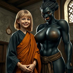 In a medieval room, a very happy 19-year-old malnourished blonde girl with medium-length hair, wearing a long closed noble Buddhist robe and a thick gold bracelet