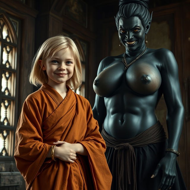 In a medieval room, a very happy 19-year-old malnourished blonde girl with medium-length hair, wearing a long closed noble Buddhist robe and a thick gold bracelet