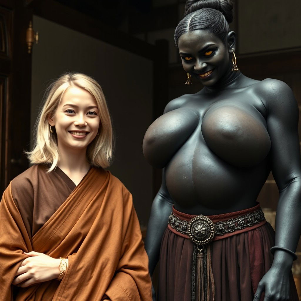 Inside a medieval room, a very happy 19-year-old skinny blonde woman with medium-length hair and a thick gold bracelet is wearing a long noble Buddhist cloak that is completely closed