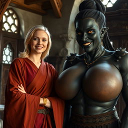 Inside a medieval room, a very happy 19-year-old skinny blonde woman with medium-length hair and a thick gold bracelet is wearing a long noble Buddhist cloak that is completely closed