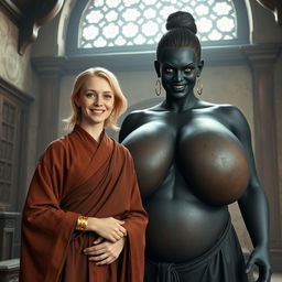 Inside a medieval room, a very happy 19-year-old skinny blonde woman with medium-length hair and a thick gold bracelet is wearing a long noble Buddhist cloak that is completely closed