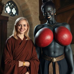 Inside a medieval room, a very happy 19-year-old skinny blonde woman with medium-length hair and a thick gold bracelet is wearing a long noble Buddhist cloak that is completely closed