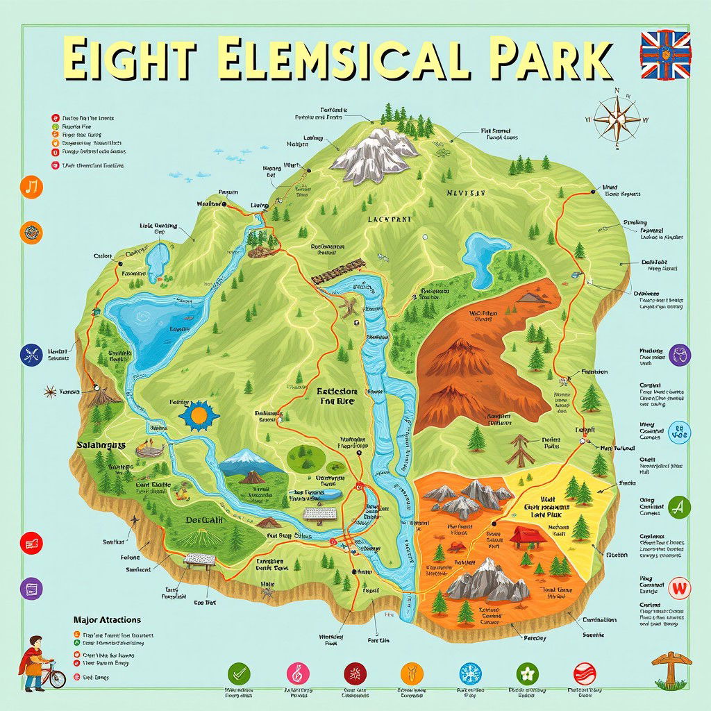 A detailed and colorful map of Eight Elements National Park, showcasing diverse landscapes inspired by the five elements: fire, air, water, wood, and metal, along with consciousness and energy