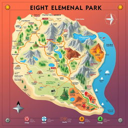 A detailed and colorful map of Eight Elements National Park, showcasing diverse landscapes inspired by the five elements: fire, air, water, wood, and metal, along with consciousness and energy