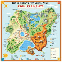 A detailed and colorful map of Eight Elements National Park, showcasing diverse landscapes inspired by the five elements: fire, air, water, wood, and metal, along with consciousness and energy