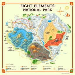 A detailed and colorful map of Eight Elements National Park, showcasing diverse landscapes inspired by the five elements: fire, air, water, wood, and metal, along with consciousness and energy
