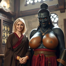 Inside a medieval room, a very happy 19-year-old skinny blonde woman with medium-length hair and a thick gold bracelet is wearing a long noble Buddhist cloak that is completely closed