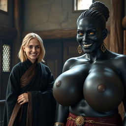 Inside a medieval room, a very happy 19-year-old skinny blonde woman with medium-length hair and a thick gold bracelet is wearing a long noble Buddhist cloak that is completely closed