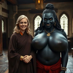 Inside a medieval room, a very happy 19-year-old skinny blonde woman with medium-length hair and a thick gold bracelet is wearing a long noble Buddhist cloak that is completely closed