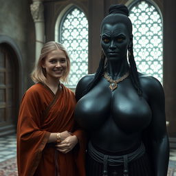 Inside a medieval room, a very happy 19-year-old skinny blonde woman with medium-length hair and a thick gold bracelet is wearing a long noble Buddhist cloak that is completely closed