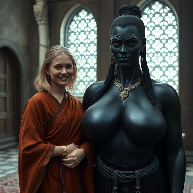 Inside a medieval room, a very happy 19-year-old skinny blonde woman with medium-length hair and a thick gold bracelet is wearing a long noble Buddhist cloak that is completely closed