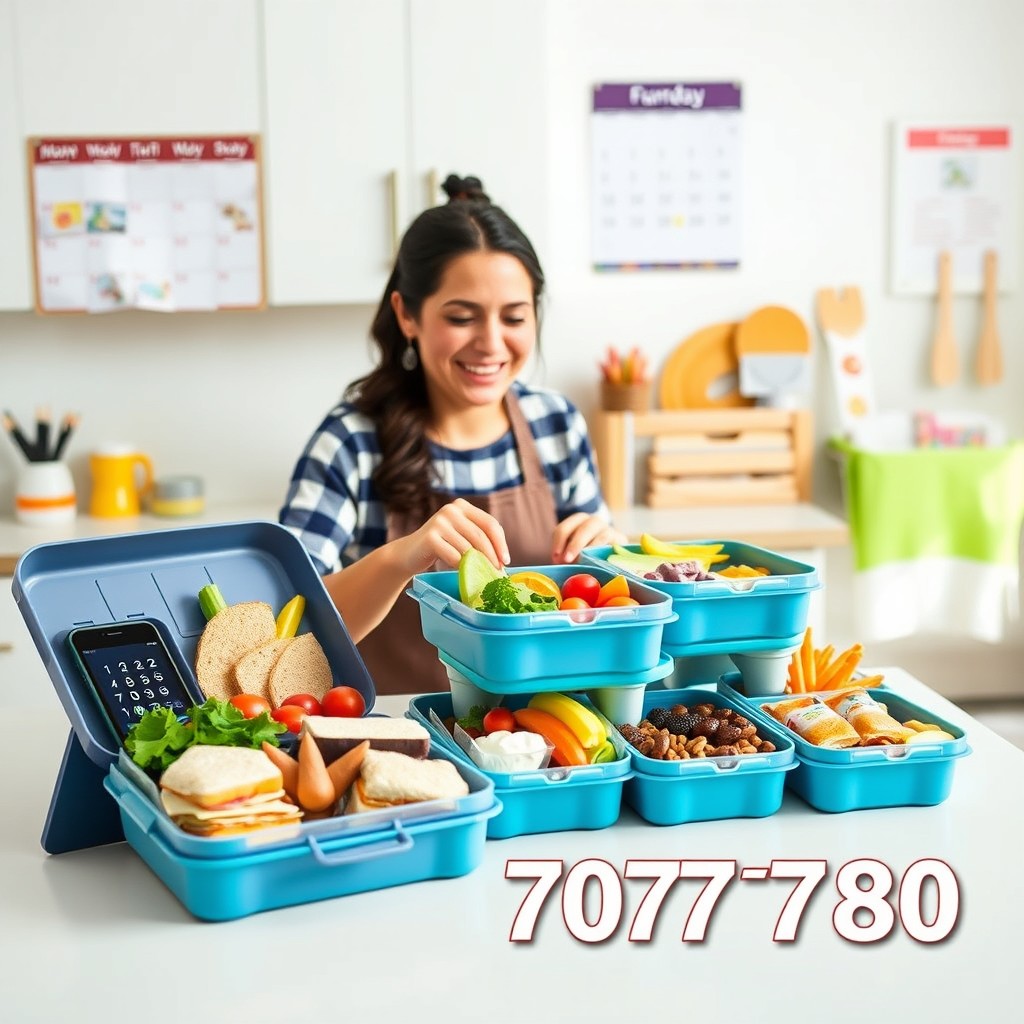 A cheerful and organized lunch box preparation scene designed for parents of children in a primary school setting