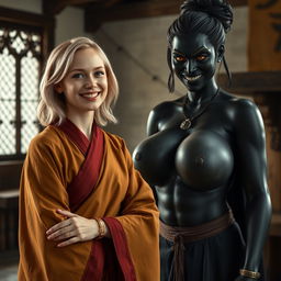 In a medieval room, a very happy 19-year-old blonde woman with medium-length hair is wearing a long, fully-closed noble Buddhist robe