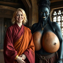 In a medieval room, a very happy 19-year-old blonde woman with medium-length hair is wearing a long, fully-closed noble Buddhist robe