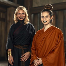 In a medieval room, a very happy 19-year-old blonde woman with medium-length hair is wearing a long, fully-closed noble Buddhist robe