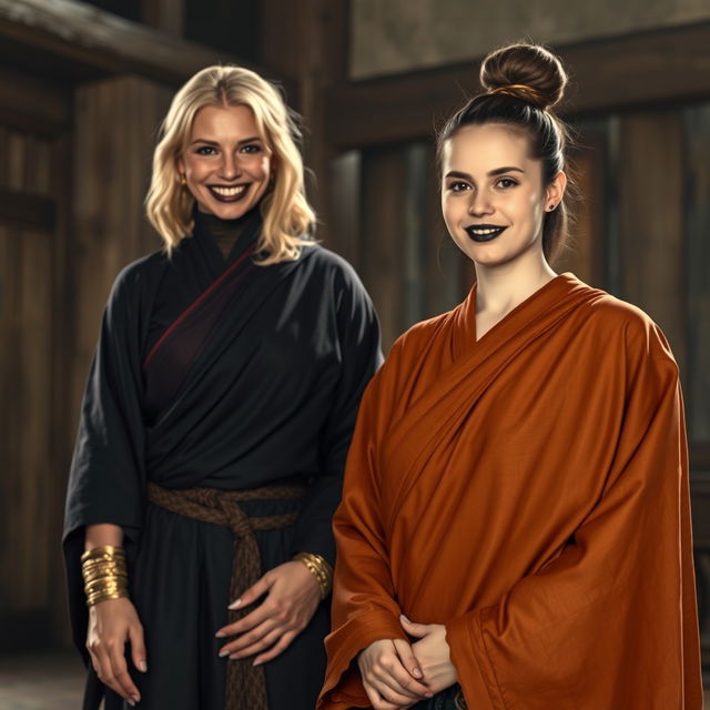 In a medieval room, a very happy 19-year-old blonde woman with medium-length hair is wearing a long, fully-closed noble Buddhist robe
