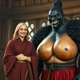 In a medieval room, a very happy 19-year-old blonde woman with medium-length hair is adorned with a thick gold bracelet and wears a long, fully-closed noble Buddhist robe