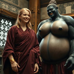 In a medieval room, a very happy 19-year-old blonde woman with medium-length hair is adorned with a thick gold bracelet and wears a long, fully-closed noble Buddhist robe
