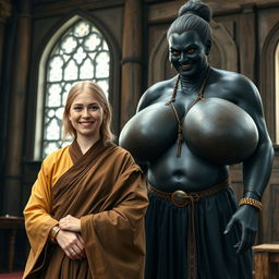 In a medieval room, a very happy 19-year-old blonde woman with medium-length hair is adorned with a thick gold bracelet and wears a long, fully-closed noble Buddhist robe