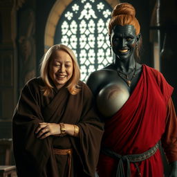 In a medieval room, a very happy 19-year-old blonde woman with medium-length hair is adorned with a thick gold bracelet and wears a long, fully-closed noble Buddhist robe