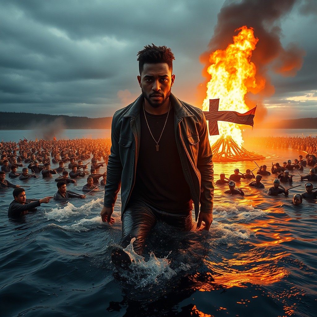 A striking Marvel-style movie poster composition featuring a charismatic man in his 30s of mixed Finnish and African heritage, dressed in contemporary Helsinki fashion that radiates style and confidence