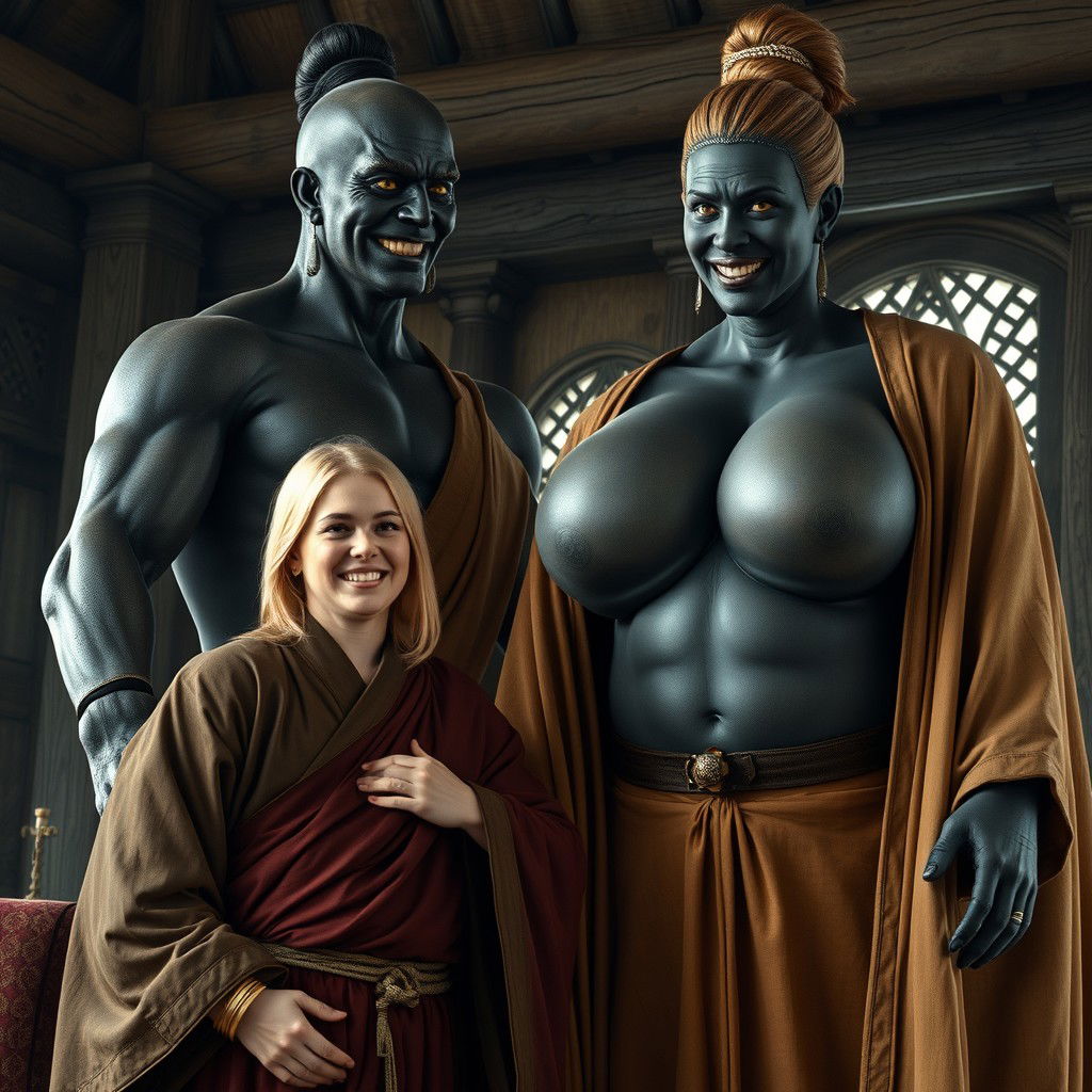 In a medieval room, a very happy 19-year-old blonde woman with medium-length hair adorned with a thick gold bracelet is dressed in a long, closed noble Buddhist robe