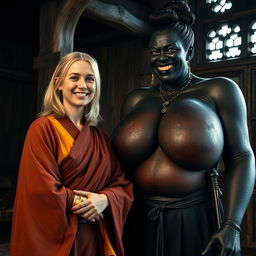 In a medieval room, a very happy 19-year-old blonde woman with medium-length hair adorned with a thick gold bracelet is dressed in a long, closed noble Buddhist robe