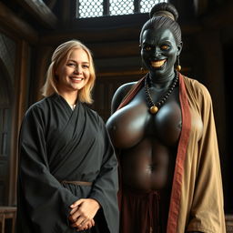 In a medieval room, a very happy 19-year-old blonde woman with medium-length hair adorned with a thick gold bracelet is dressed in a long, closed noble Buddhist robe
